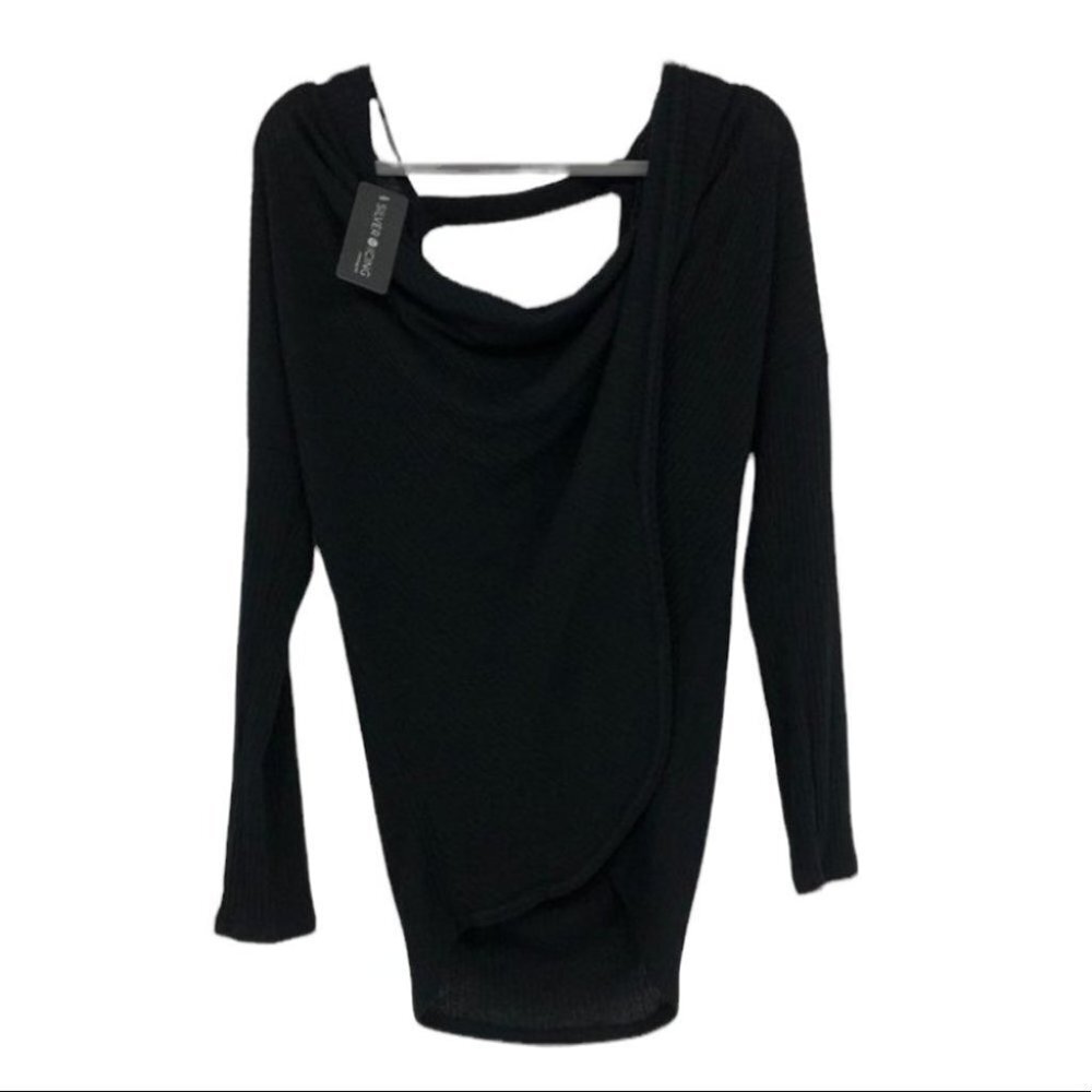 NWT Cherish black waffle knit draped open back long sleeve top Small